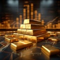 Image Gold bars stacked on a table, accentuated by a graph Royalty Free Stock Photo