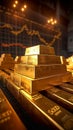 Image Gold bars stacked on a table, accentuated by a graph Royalty Free Stock Photo