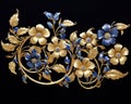 The sculpture is made of gold filigree relief and golden blue flowers.