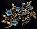 The sculpture is made of gold filigree relief and golden blue flowers.