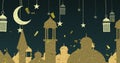 Image of golden arabic style rooftops, moon, lamps and stars with falling confetti on black
