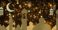 Image of golden arabic style rooftops, moon, lamps and stars with floating lights on black
