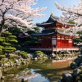 The Golden Pavilion (Kinkaku-ji Temple) and blooming sakura in Rokuon-ji complex (Deer Garden Temple),