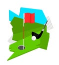 image of golf club, ball, hole with flag on grass Royalty Free Stock Photo