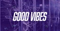 Image of good vibes text with network of connections and data processing over server room Royalty Free Stock Photo