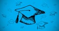 Image of graduation caps moving on blue background