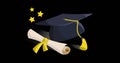 Image of graduation certificate and hat icons over black background Royalty Free Stock Photo