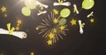 Image of graduation letter icons over stars and fireworks on black background