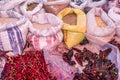 Image of grains in sacks and red dry chili peppers and pasilla chili in a mexican market Royalty Free Stock Photo