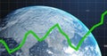 Image of graph with changing numbers and grid pattern over rotating globe