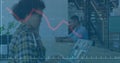 Image of graph and changing numbers over diverse coworkers discussing reports on image call