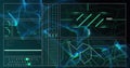 Image of graph, computer language, loading circles, navigation pattern over dynamic waves