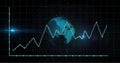 Image of graph, grid pattern, lens flares and rotating globe over black background