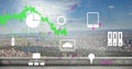 Image of graph, media icons and processing data over blue sky and cityscape Royalty Free Stock Photo