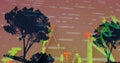 Image of graph and processing data over trees at sunset