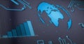 Image of graph, rotating globe and circuit board pattern over gray background