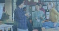 Image of graph, trading board, numbers, diverse coworkers talking during breaktime in cafeteria