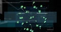 Image of graphs and financial icons connected with lines forming globe over hud screen