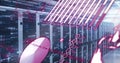 Image of graphs, globe and computer language over bars on data server racks Royalty Free Stock Photo