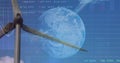 Image of graphs, globe and data processing over wind turbine Royalty Free Stock Photo