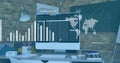 Image of graphs, loading bars and map over programming language in computer on desk in office Royalty Free Stock Photo