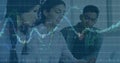 Image graphs and numbers over diverse coworkers discussing report over laptop at office