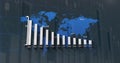 Image of graphs over world map and coordinates in navy digital space