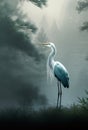 Image of great egret standing in the swamp in the middle of the forest. Birds. Animals. illustration. Generative AI