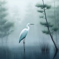 Image of great egret standing in the swamp in the middle of the forest. Birds. Animals. illustration. Generative AI