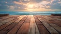 Tranquil seaside view on wooden floor background, generative ai