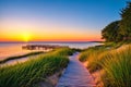 Green Bay Beach Sunset With Boardwalk made with Generative AI Royalty Free Stock Photo