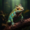 Image of green chameleon on branch in forest. Reptile. Animals