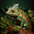 Image of green chameleon on branch in forest. Reptile. Animals