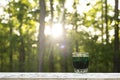 Image of a green cocktail on a porch railing in front of the sunset Royalty Free Stock Photo