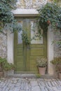 Image of a green entrance door to a residential building with an antique faÃÂ§ade