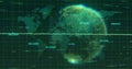 Image of green graphs and globe rotating on green world map in background Royalty Free Stock Photo