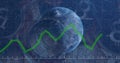 Image of green line processing and globe over bitcoins