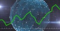 Image of green line recording over globe with network of connections and grid Royalty Free Stock Photo