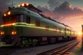 Green Locomotive Striking a Pose beneath the Magnificent Colors of a Cloudy Sunset Sky. AI generated