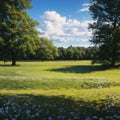 Green meadow with one tree in the middle. In the spring. Beautiful blue sky with white clouds. made with Royalty Free Stock Photo