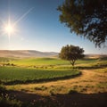 Green pastoral spring panoramic landscape of the agricultural area in Negev desert of Israel made with