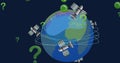 Image of green question marks, satellites and globe spinning on blue background Royalty Free Stock Photo