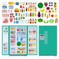 Image of a green refrigerator and food in and around it illustration in a flat design.