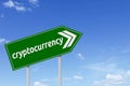 Green signpost with cryptocurrency word