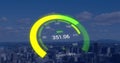 Image of green speedometer over cityscape