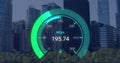 Image of green speedometer over cityscape