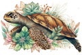 Image of a green turtle surrounded by colorful tropical flowers. Sea animals. Illustration, Generative AI