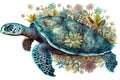 Image of a green turtle surrounded by colorful tropical flowers. Sea animals. Illustration, Generative AI