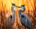 side view of Grey herons at sunset. Royalty Free Stock Photo