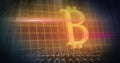Image of grid pattern, binary codes and bitcoin illuminated symbol over black background
